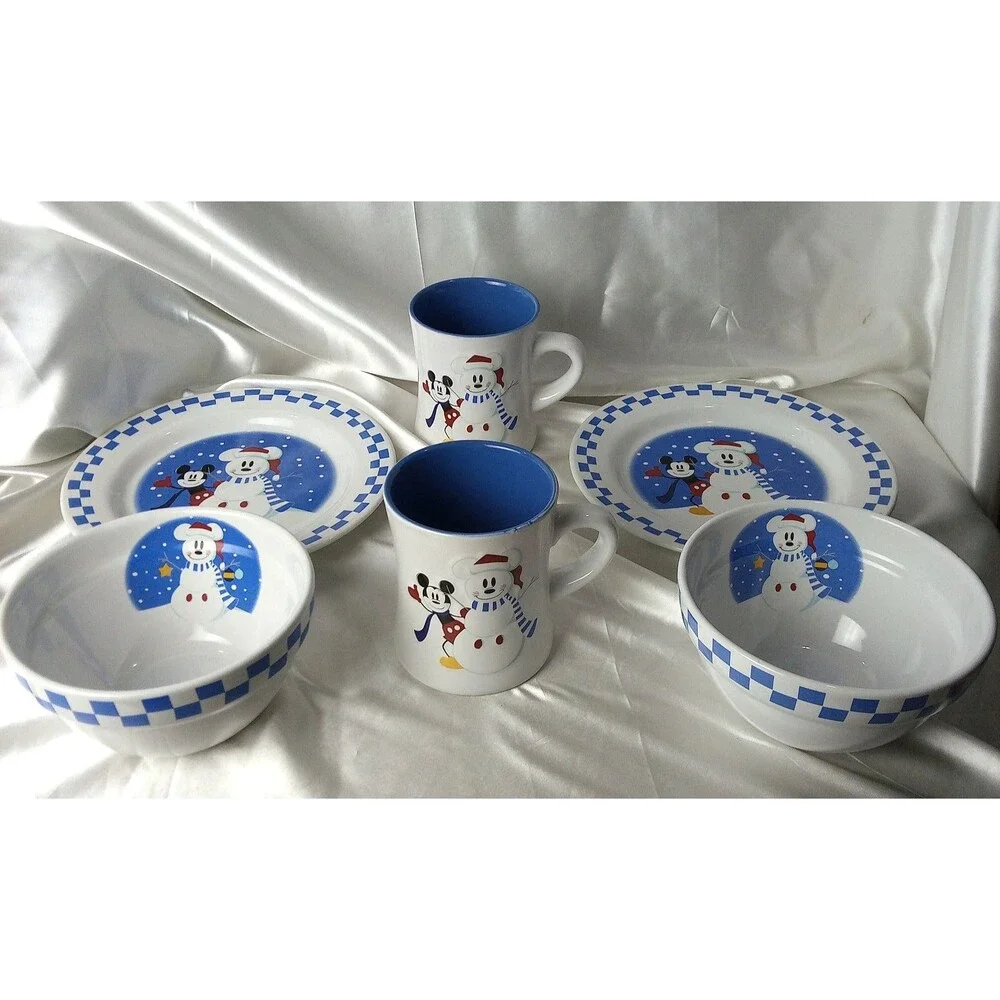 Vtg. Disney Mickey & Snowman Blue Checkerboard Lunch Set-9'' Plate, Bowl, Mug
